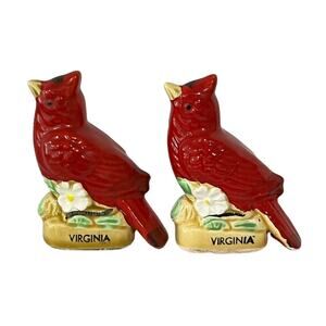 Vintage Virginia Cardinal Salt & Pepper Shaker Set Red Bird Souvenir Decor